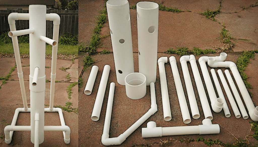 A DIY wooden dummy hand made with PVC tubes (mounted and with all the compositive elements)